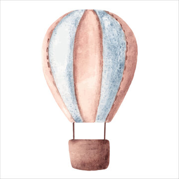 recommend clip art: Hot Air Balloon. Watercolor Kids Hand drawn illustration in pastel blue and brown colors isolated on white background. Vintage style. Design Element for kids goods, cards and posters. Baby shower and