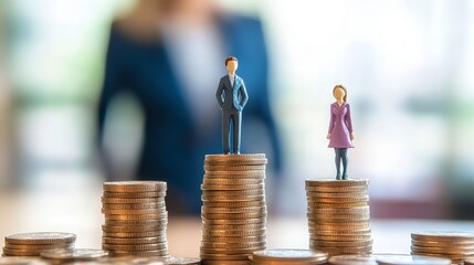 Gender Pay Gap Concept with Miniature Figures Standing on Stacks of Coins, pay gap, gender equality