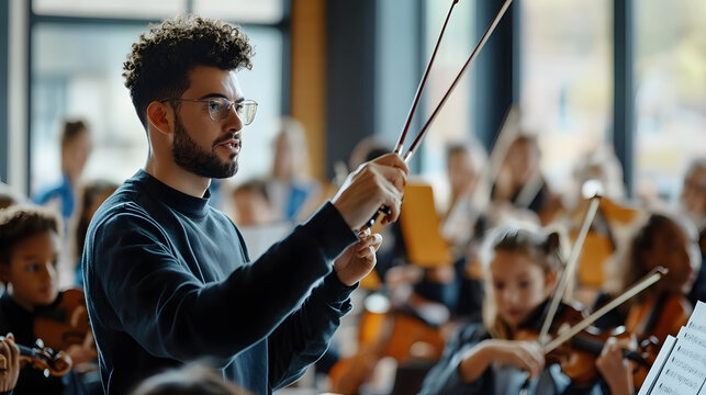 A music teacher conducting a multiethnic school orchestra during rehearsal, capturing the dynamic interaction between the teacher and the young musicians