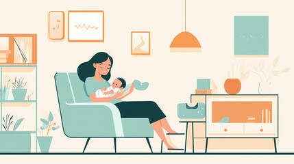 Illustration of a woman taking care of a newborn baby designed using a modern flat design style, flat vector illustration. Flat Design. Illustration