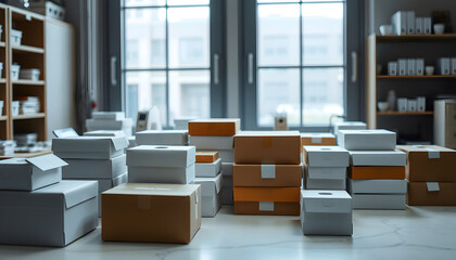 Stacked Cardboard Boxes on White Marble Surface.