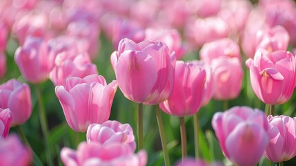 Fototapeta premium Field Of Pink Tulips In Flower Garden