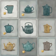digital painting A grid of 9 framed images depicting teapot