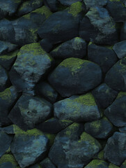 Seamless dark stone wall with green moss texture