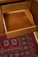Vintage walnut dresser. Mid-century modern chest of drawers. Interior product photograph.