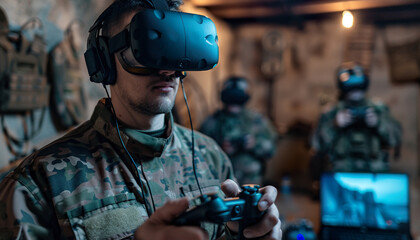 Military army soldier FPV drone pilot flying a drone in a bunker basement. Secret operation, weaponized modern technology, war strategy, aerial defense, assault