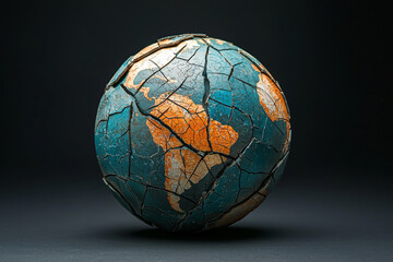 A cracked globe showcasing trading routes and broken symmetry, symbolizing fragility of our world. vibrant colors of continents contrast with dark background, evoking sense of reflection