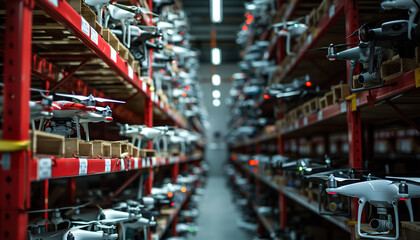 FPV commercial drone warehouse, stock storage. Modern technology, drone army, retail business