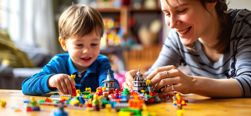 Mother and child playing with building block toys. Quality family time, growing up, memories and moments together, kids toys