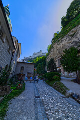 Fortress Hohensalzburg can be seen behind the mountains, Salzburg, Austria