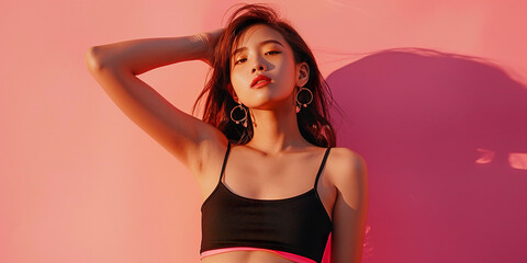Obraz premium Fashion, young skinny Asian woman model in a crop top, vibrant background wallpaper backdrop. Copy space, bright colors, photo shoot posing, youth, beauty