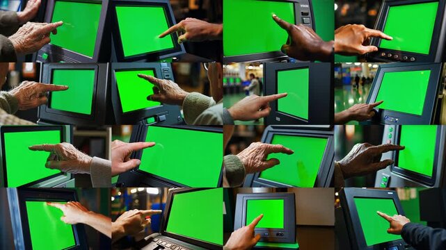 4x4 Collage grid of a diverse group of voters hands as they operate an electronic voting machine with a touch screen during an election where each screen is a chroma key green screen.