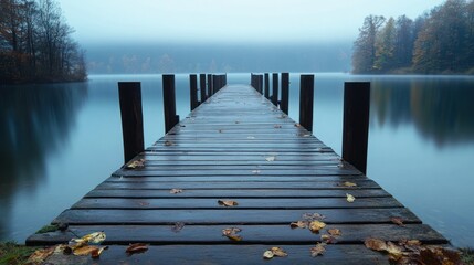 Obraz premium Tranquil Wooden Pier Leading into Misty Lake