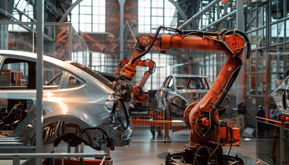 EV automated manufacturing factory with robotic arms. Electric vehicle cars, modern technology, mass production, clean energy future