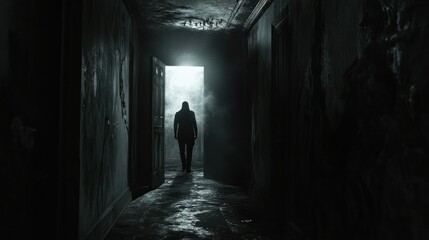 Silhouette of a Person Walking Down a Dark Hallway Towards a Light at the End
