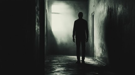 Fototapeta premium Silhouette of a Man Standing in a Dark Hallway with a Light Source at the End