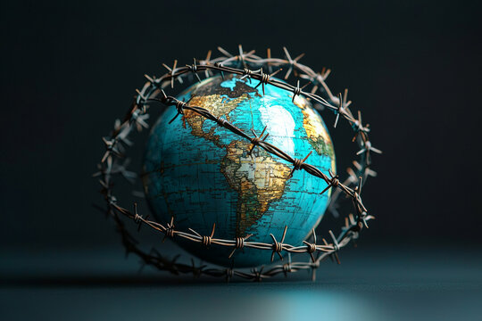 A globe surrounded by barbed wire symbolizes tension between global unity and division. This striking image evokes feelings of confinement and conflict in world that yearns for peace