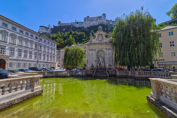 Fototapeta premium The traditional place for punishment with the Fortress in the backdrop, Salzburg, Austria