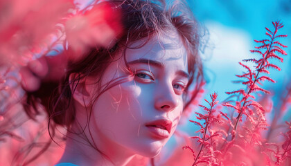 Fashion, millennial woman model, seductive gaze, pink blooming flowers, blue sky background wallpaper backdrop. Copy space, bright neon colors, skincare, natural beauty, youth, attractive