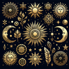Vector golden set of mystical magic different sun and moon. Spiritual occultism objects, trendy style. Elements template for posters, prints, patterns, illustrations and logos. 