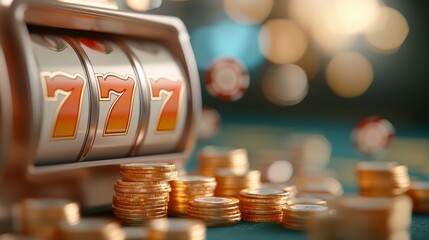 A close-up of a slot machine showing triple sevens surrounded by gold coins, symbolizing hitting the jackpot and the exhilarating feeling of winning big in a casino.