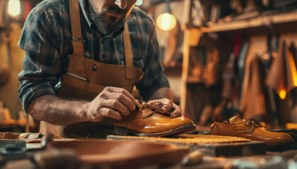 Old leather smith shoemaker artisan in a workshop making a shoe. Copy space, leathersmith, craftsman, traditional craftsmanship