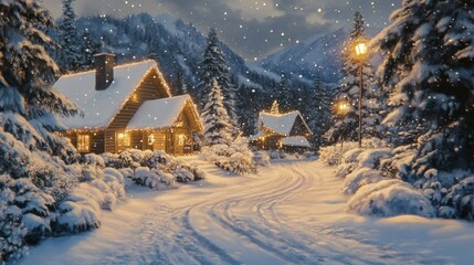 Fototapeta premium A Snowy Winter Scene with Cozy Cabins Illuminated by String Lights