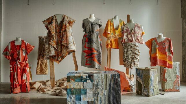 A visual of a circular economy fashion collection, featuring recycled fabrics and designs made for longevity and reuse.