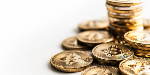 Bitcoin crypto token coins stacked on a white background. Investing success, physical currency blockchain, cryptocurrency, value, rising market