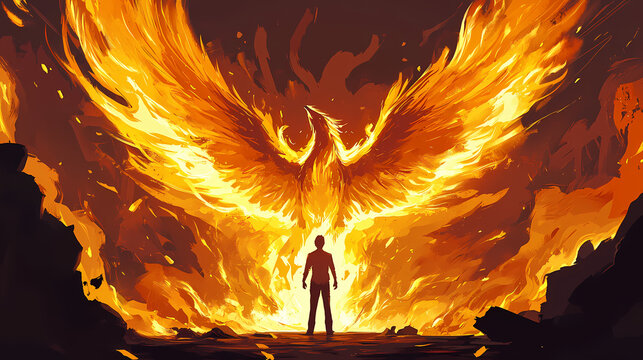 Motivation depicted as a phoenix rising from ashes of past failures, person embracing transformation. Phoenix Rising. Illustration