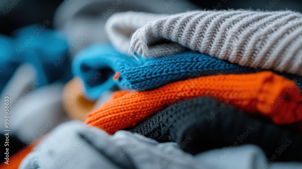 Poster a close-up view of a stack of colorful knitted clothes, including sweaters and scarves, showcasing t