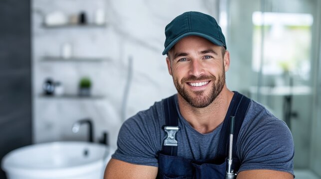 A handyman, with a bright smile and wearing a dark cap, stands confidently in a trendily designed bathroom, ready for any task involving plumbing work.