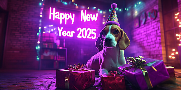 Hund mit Geschenken am Silvesterabend 2025. Im Hintergrund ein lila Schriftzug