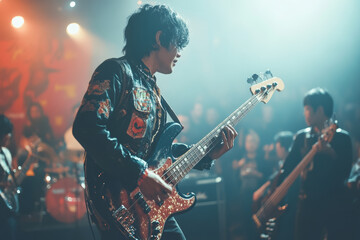 Obraz premium An Indonesian man playing bass guitar on stage, immersed in music and surrounded by an energetic crowd. atmosphere is vibrant and lively, showcasing passion of live performance