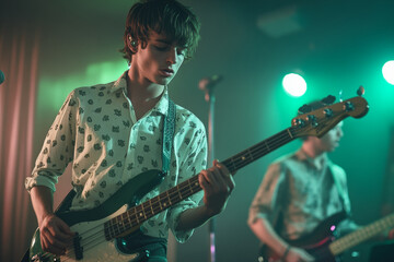 Obraz premium A young man passionately plays bass guitar on stage, immersed in music, while another musician performs in background. vibrant lighting creates an energetic atmosphere