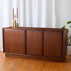 Vintage Oiled Walnut Credenza. Stylish mid-century modern furniture. Interior product photograph.