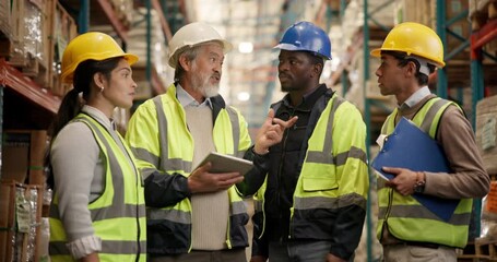 Warehouse, man and tablet with pointing in team for production, logistics and shipping company. Male person, stock manager and tech in distribution, trade or job in factory, supply chain or industry