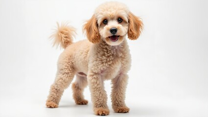 Surprised poodle with curly hair on white background