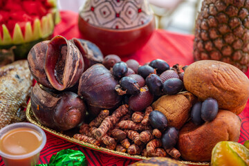 Chicken juane wrapped in bijao leaves. Food, fruits and drinks of the Peruvian jungle, in all its varieties. Feast of San Juan, Iquitos Peru