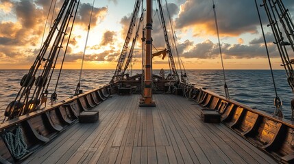 Obraz premium Whispers of the Forgotten: Exploring the Silent Deck of an Abandoned Pirate Ship Beneath a Glistening Horizon