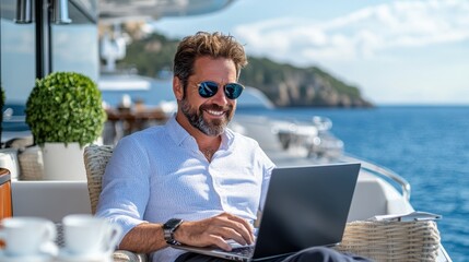 A relaxed individual enjoys the scenic beauty of the open sea while leisurely working on a laptop aboard a luxurious yacht, embodying freedom and peace.