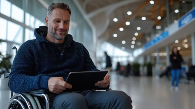 A thoughtful individual ponders while viewing digital content on a tablet, surrounded by a spacious modern interior, symbolizing curiosity and insight.