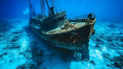 Obraz premium A Journey Beneath the Waves: Discovering the Vibrant Treasures and Mysteries of a Sunken Ship at the Bottom of the Ocean