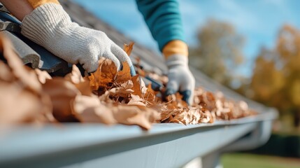 A person wearing gloves is removing fallen leaves from a house gutter, signifying the annual home maintenance in the autumn season, ensuring proper drainage and upkeep.