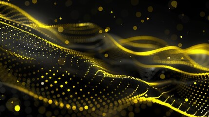 Abstract black and yellow background with flowing wave patterns and glowing dotted accents. The illuminated design creates a dynamic sense of motion and depth
