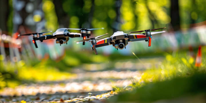 Drone race, FPV drones flying through obstacles, competition, sport. Innovation, commercial drone pilot training, contest