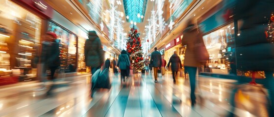 Fototapeta premium Blurred shoppers move through a mall adorned with a large Christmas tree, twinkling lights, and festive decorations. The image captures the vibrant energy of holiday shopping