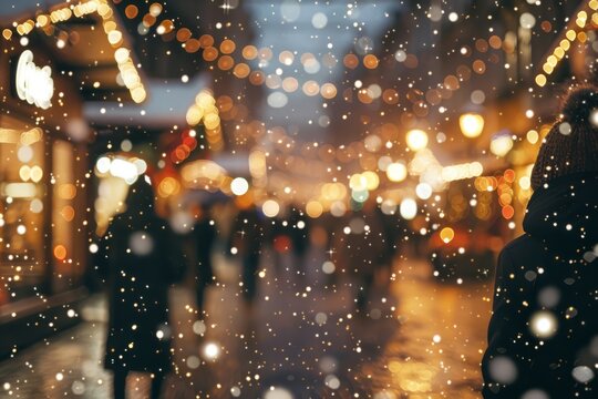 Blurred image of a Christmas market with festive lights and decorations. Snowflakes gently fall, adding to the warm, cozy atmosphere of the holiday season