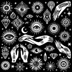 Vector set of woman hands with mystical magic symbols-eyes, sun, phrases of moon, stars, jewels. Spiritual occultism objects, templates for logo design