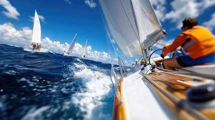 Fotobehang A close-up view of a sailboat racing against other boats, highlighting the teamwork required to manage the sails, navigate the waters, and achieve high speed under clear skies. © Pinklife